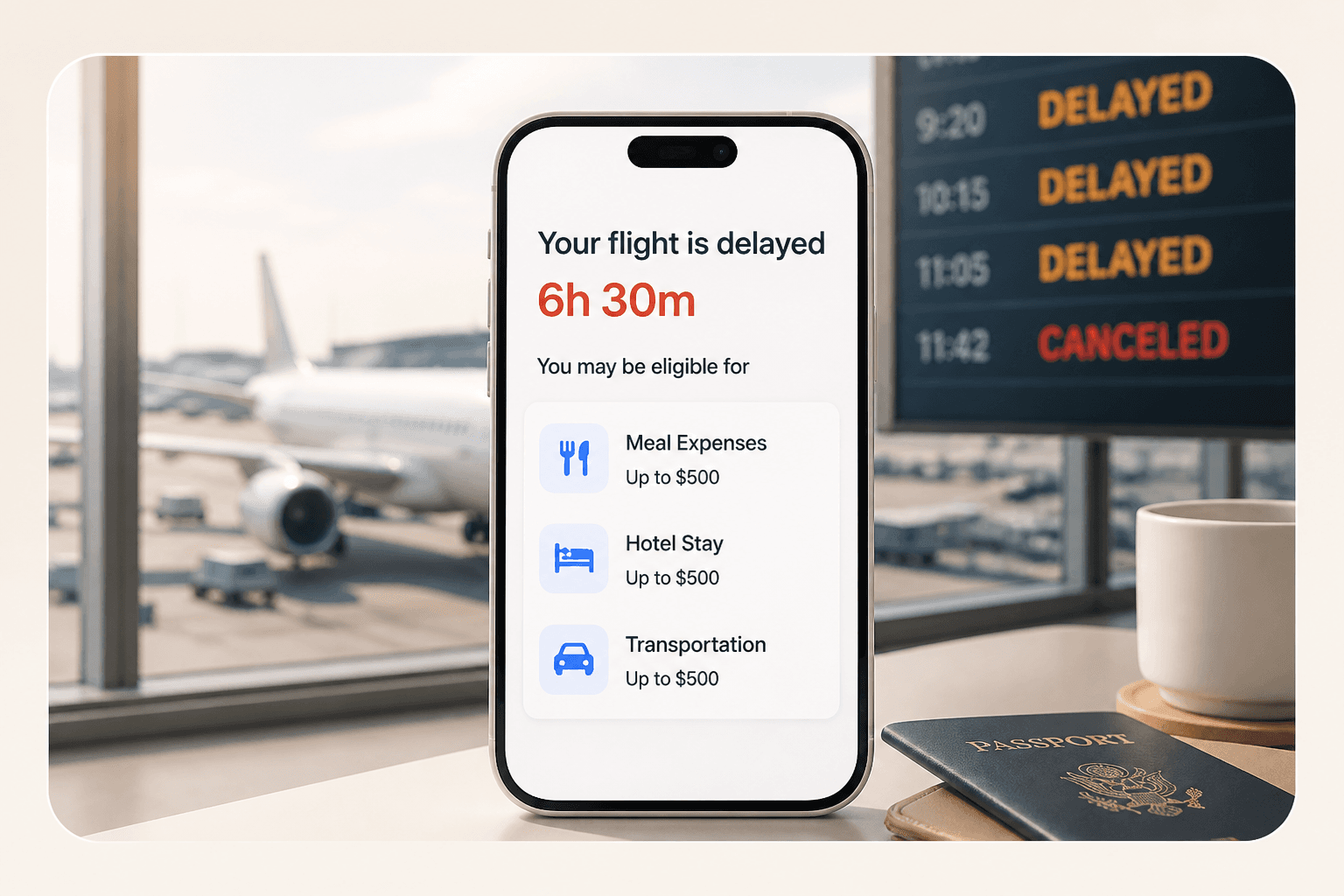 Phone showing a delayed flight and trip-delay benefits for meals, hotel, and transportation